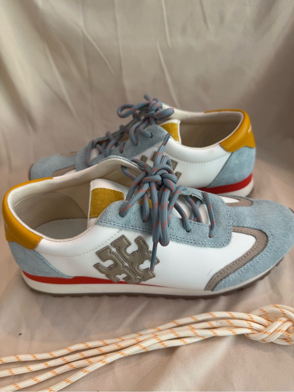 Tory Burch White & Light Blue Suede Accent Sneakers with Yellow and Red Trim